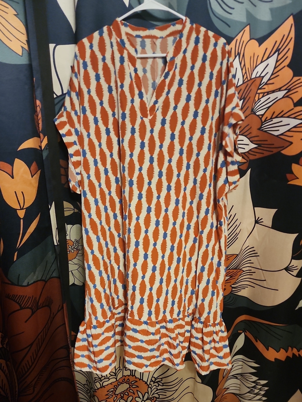 SHEIN Orange, Blue & White Patterned V-Neck Midi Dress